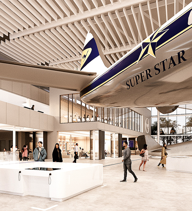 Innenraum-Visualisierung der Lufthansa Group Hangar One Museumshalle mit Besuchern in einer hellen Ausstellungsfläche unter einem hängenden historischen Propellerflugzeug \