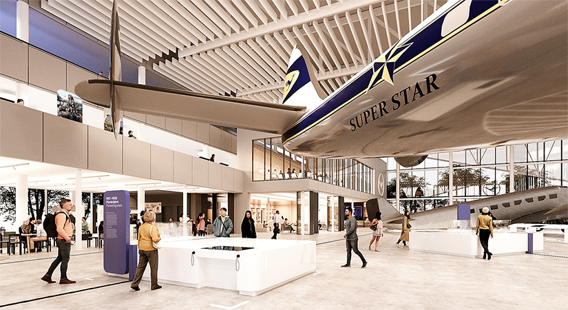 Innenraum-Visualisierung der Lufthansa Group Hangar One Museumshalle mit Besuchern in einer hellen Ausstellungsfläche unter einem hängenden historischen Propellerflugzeug \